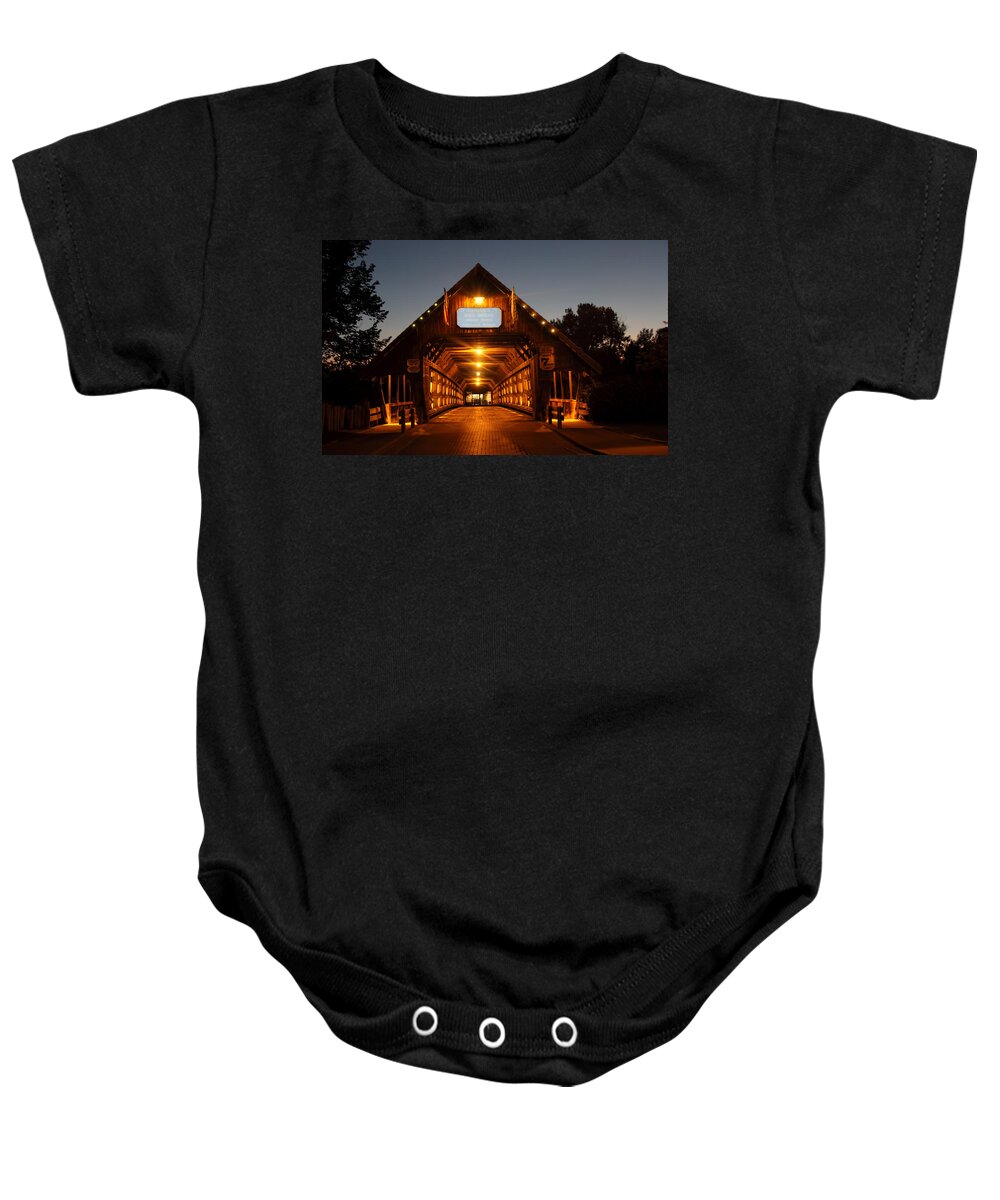 Frankenmuth Baby Onesie featuring the photograph Frankenmuth Covered Bridge by Pat Cook