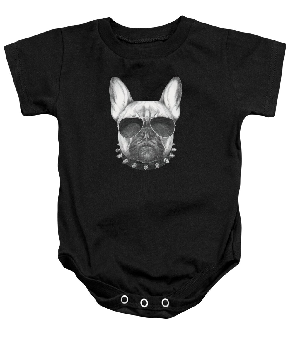French Bulldog Baby Onesie featuring the digital art French Bulldog with collar and sunglasses by Marco Sousa