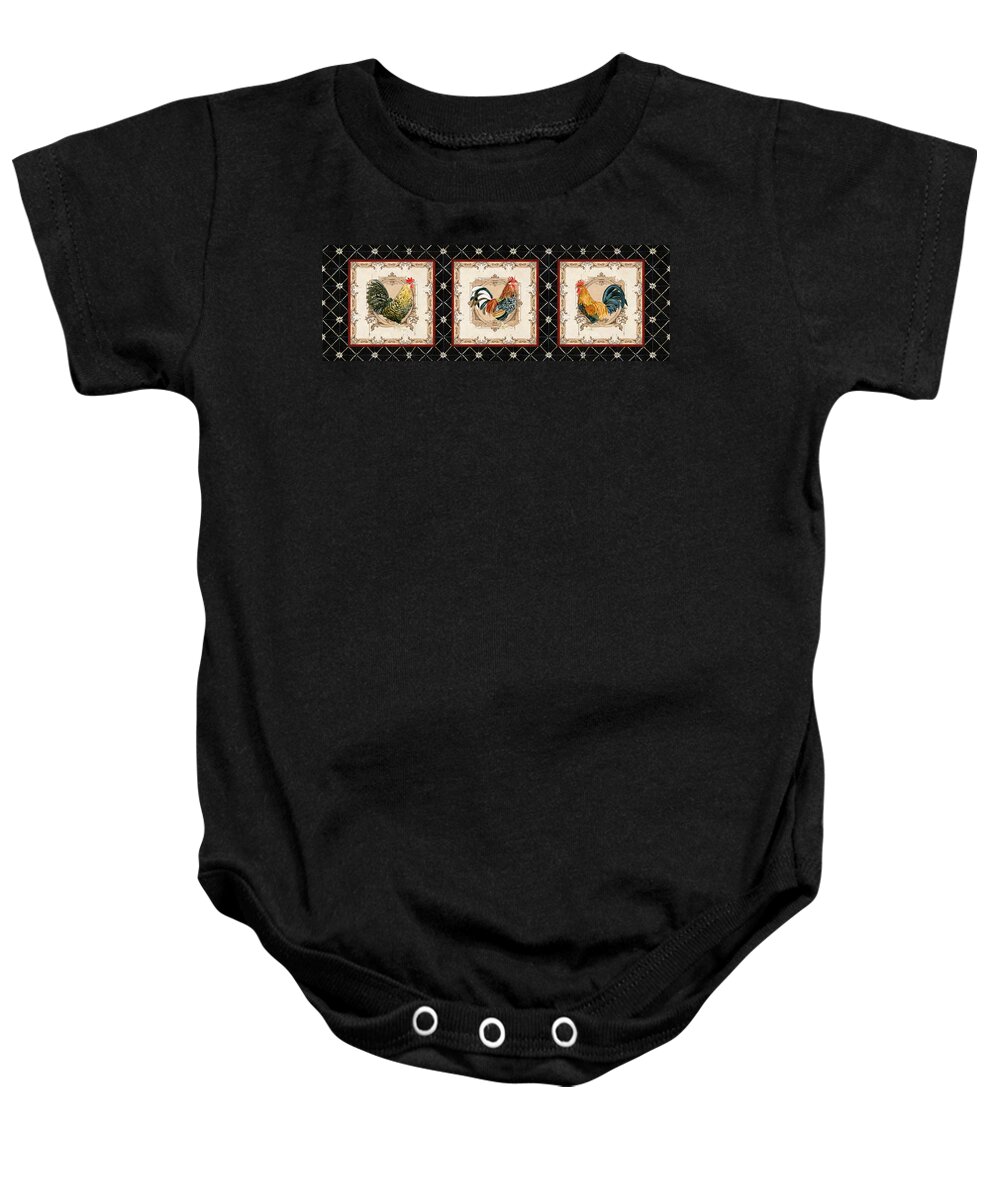 Etched Baby Onesie featuring the painting French Country Vintage Style Roosters - Triplet by Audrey Jeanne Roberts