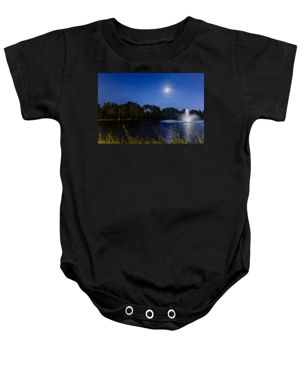 Kennedy Park Baby Onesie featuring the photograph Full moon and water fountain by SAURAVphoto Online Store