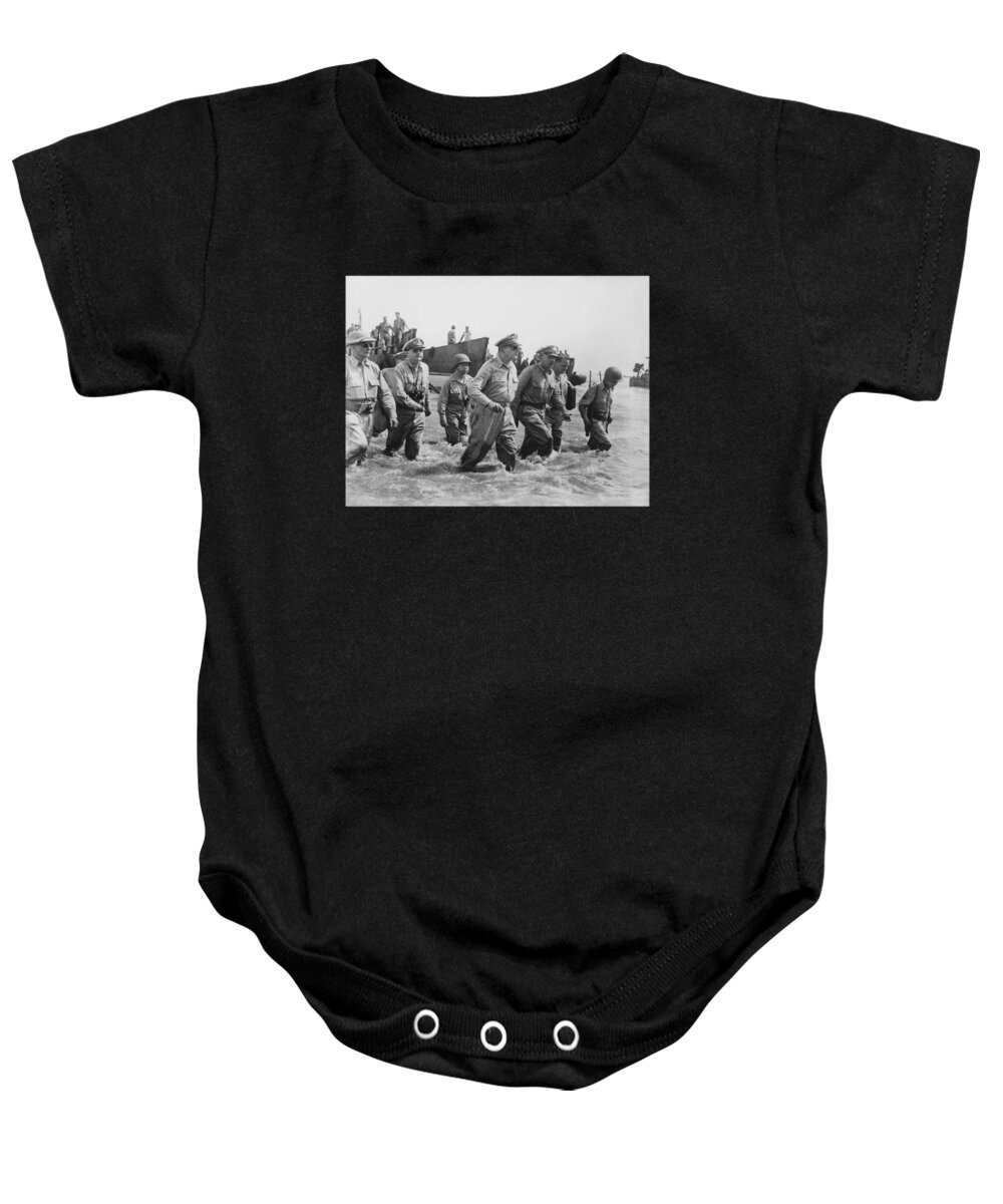 Douglas Macarthur Baby Onesie featuring the photograph General Douglas MacArthur Returns by War Is Hell Store