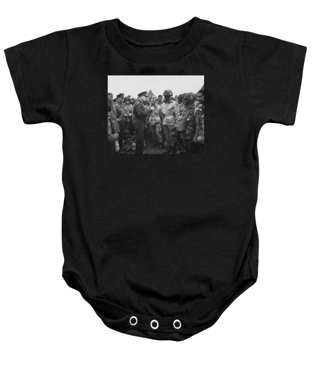 101st Airborne Division Baby Onesie featuring the photograph General Eisenhower on D-Day by War Is Hell Store