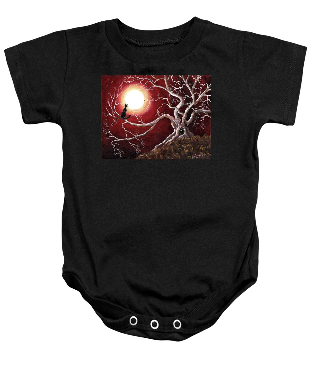 Red Baby Onesie featuring the painting Ghostly Tree with Black Cat by Laura Iverson