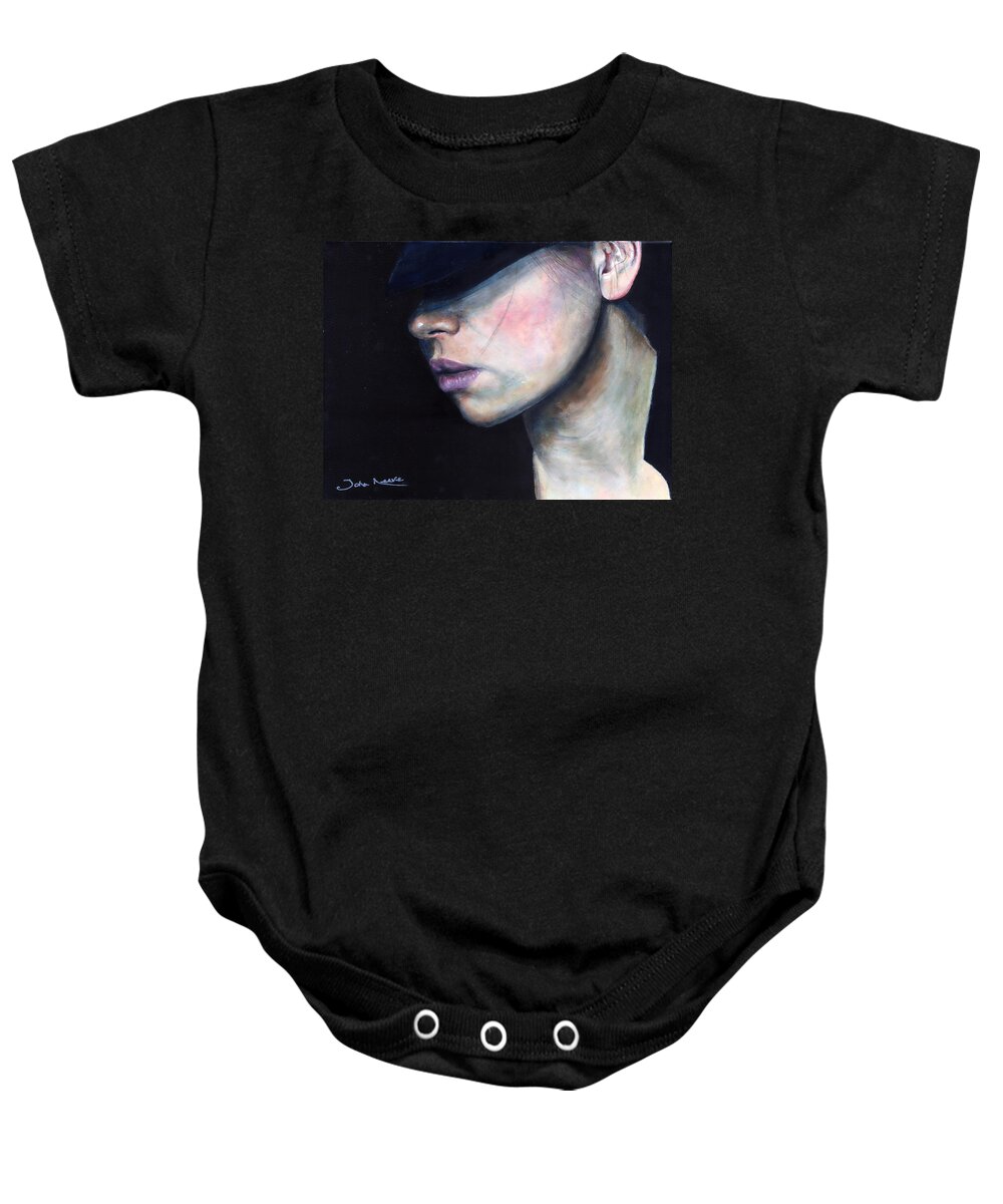 Woman Baby Onesie featuring the painting Girl in Black Hat by John Neeve