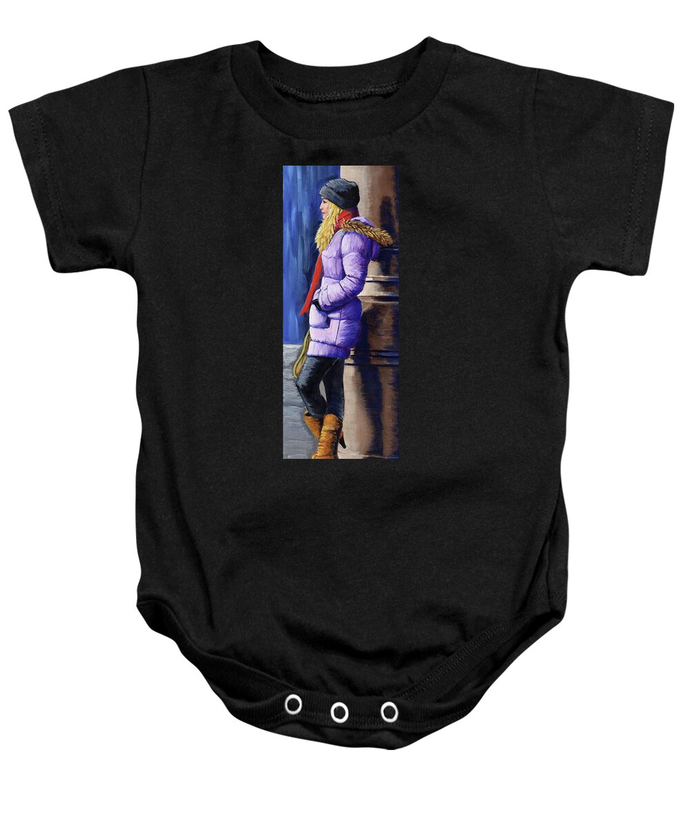 Girl Baby Onesie featuring the painting Girl Waiting by Kevin Hughes