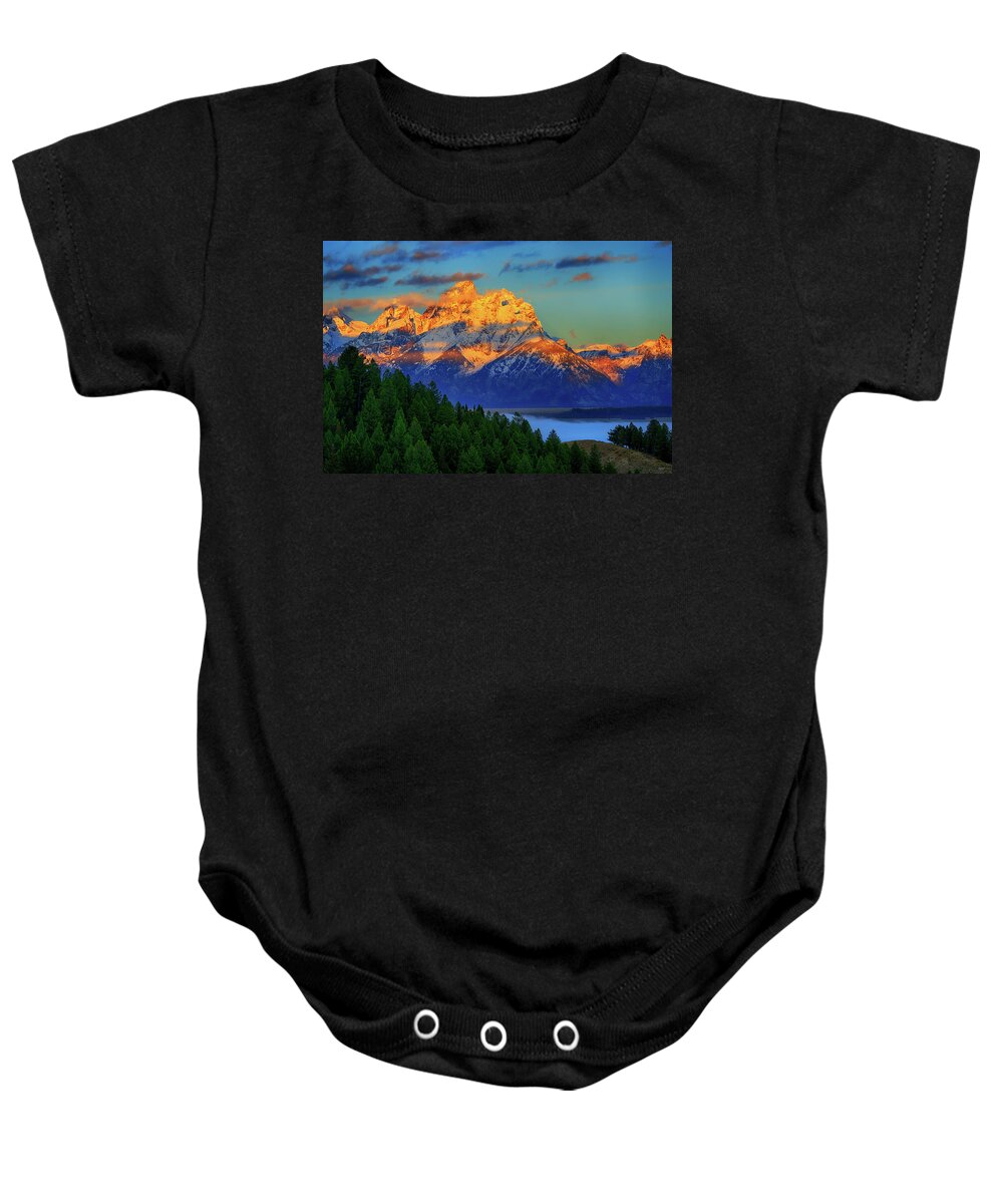 Grand Teton National Park Baby Onesie featuring the photograph Grand Teton Alpenglow by Greg Norrell