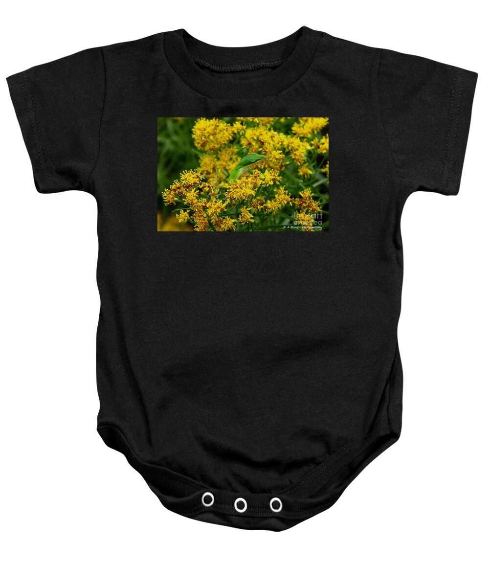 Green Anole Baby Onesie featuring the photograph Green Anole hiding in Golden rod by Barbara Bowen