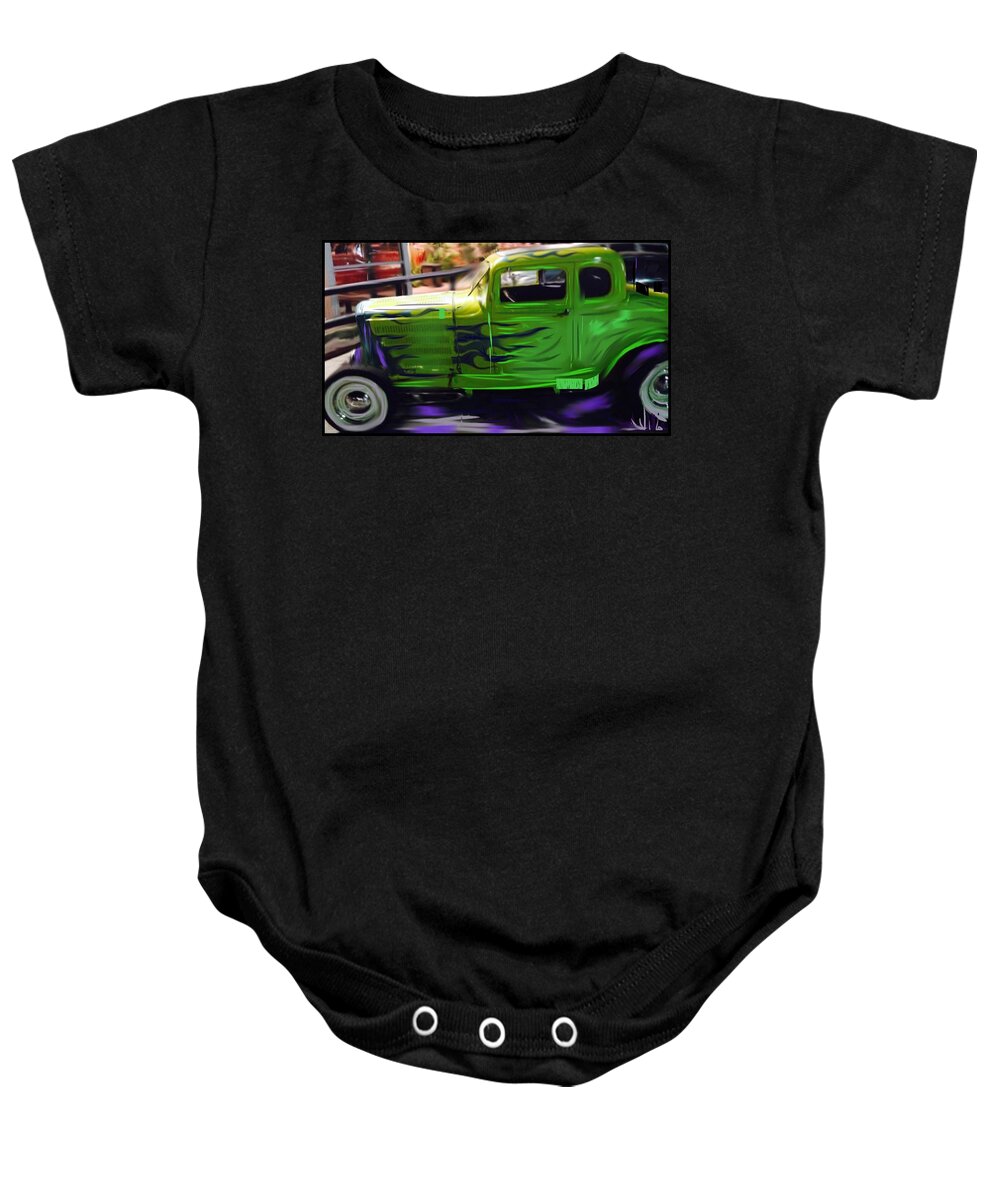 Car Baby Onesie featuring the digital art Green Hotrod by Angela Weddle