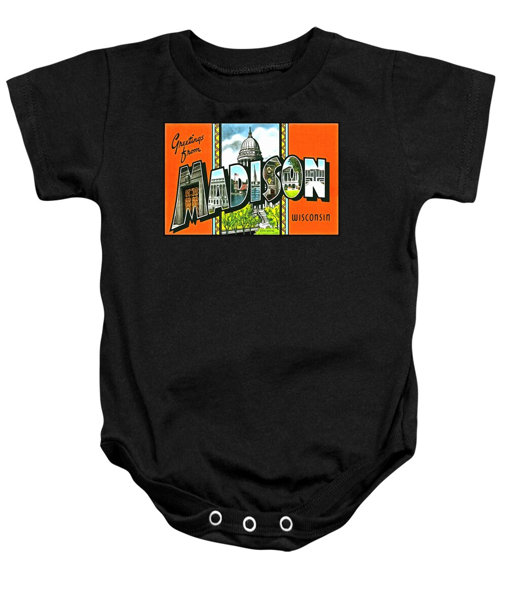 Vintage Collections Cites And States Baby Onesie featuring the photograph Greetings From Madison Wisconsin by Vintage Collections Cites and States