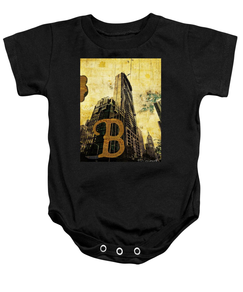 Central Baby Onesie featuring the photograph Grungy Melbourne Australia Alphabet Series Letter B Central Busi by Beverly Claire Kaiya