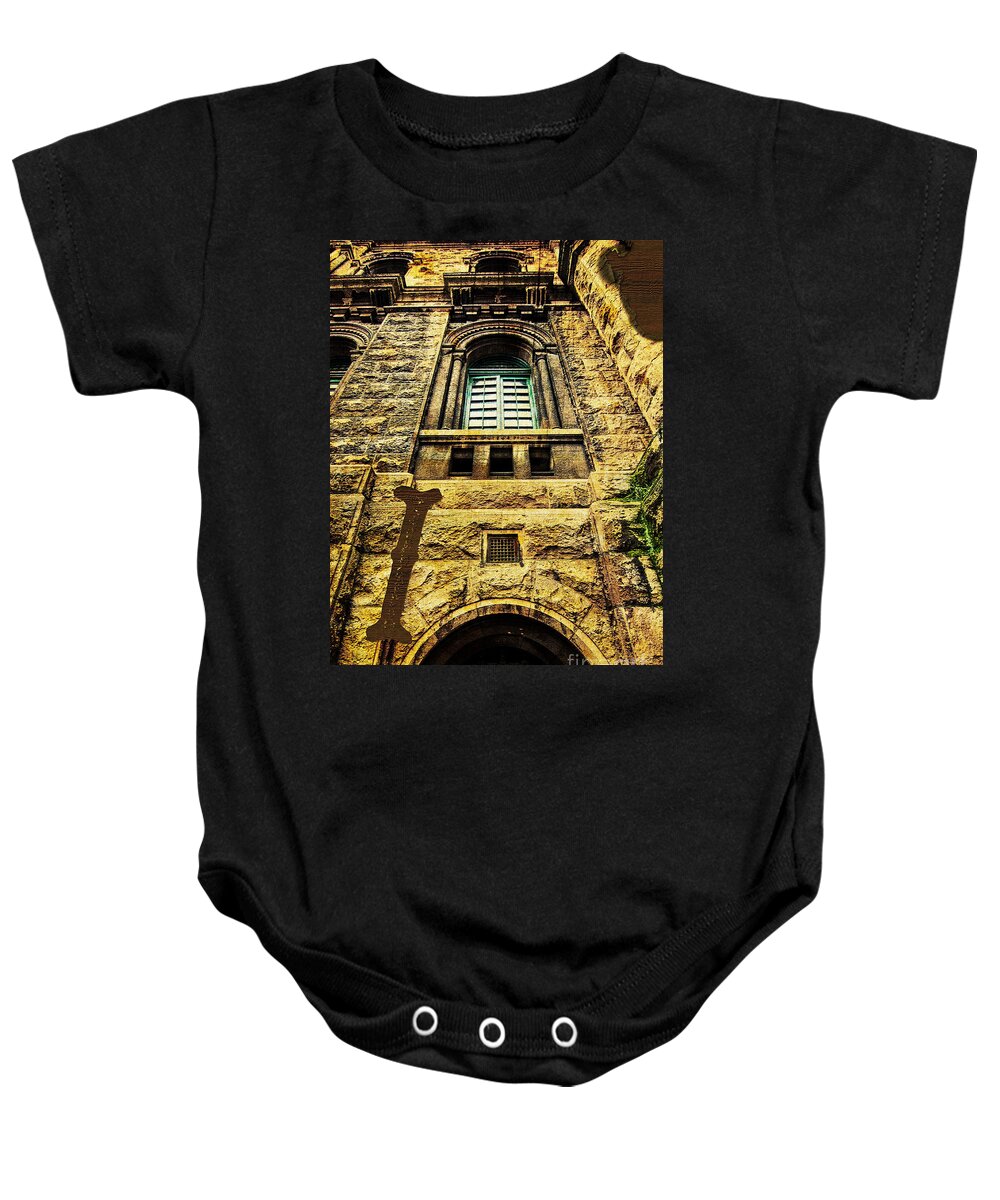 Royal Baby Onesie featuring the photograph Grungy Melbourne Australia Alphabet Series Letter I Royal Melbou by Beverly Claire Kaiya