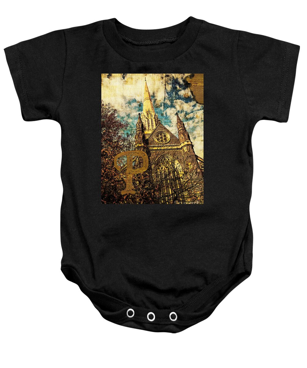 Patrick Baby Onesie featuring the photograph Grungy Melbourne Australia Alphabet Series Letter Letter P St Pa by Beverly Claire Kaiya