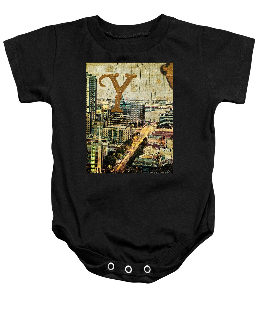 Yarra Baby Onesie featuring the photograph Grungy Melbourne Australia Alphabet Series Letter Y Yarra River by Beverly Claire Kaiya