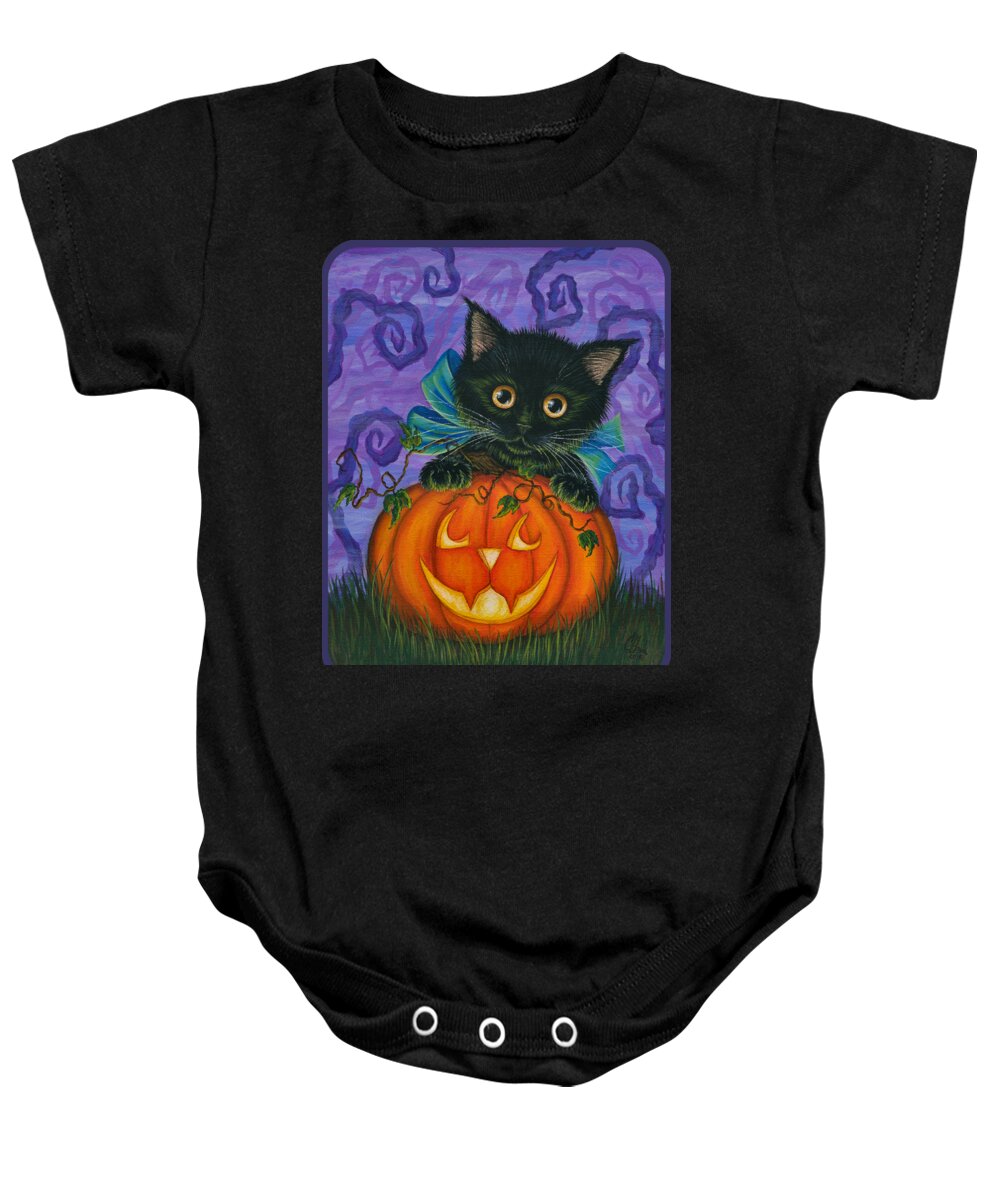 Halloween Cat Baby Onesie featuring the painting Halloween Black Kitty - Cat and Jackolantern by Carrie Hawks
