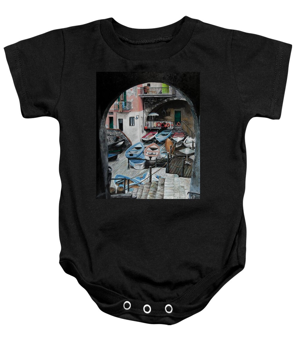 Cinque Terre Baby Onesie featuring the painting Harbor's Edge In Riomaggiore by Charlotte Blanchard