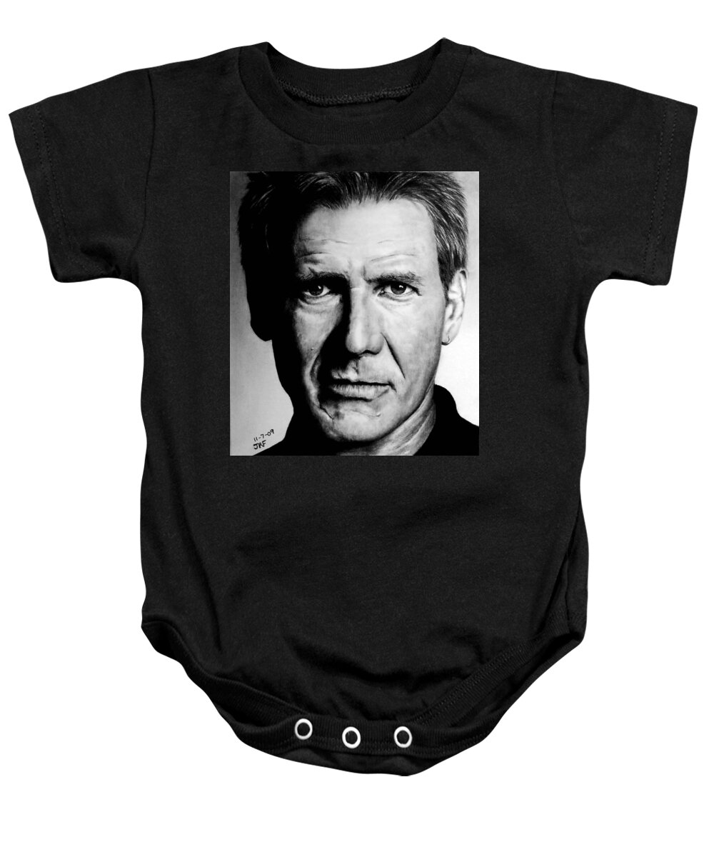 Harrison Ford Baby Onesie featuring the drawing Harrison Ford by Rick Fortson