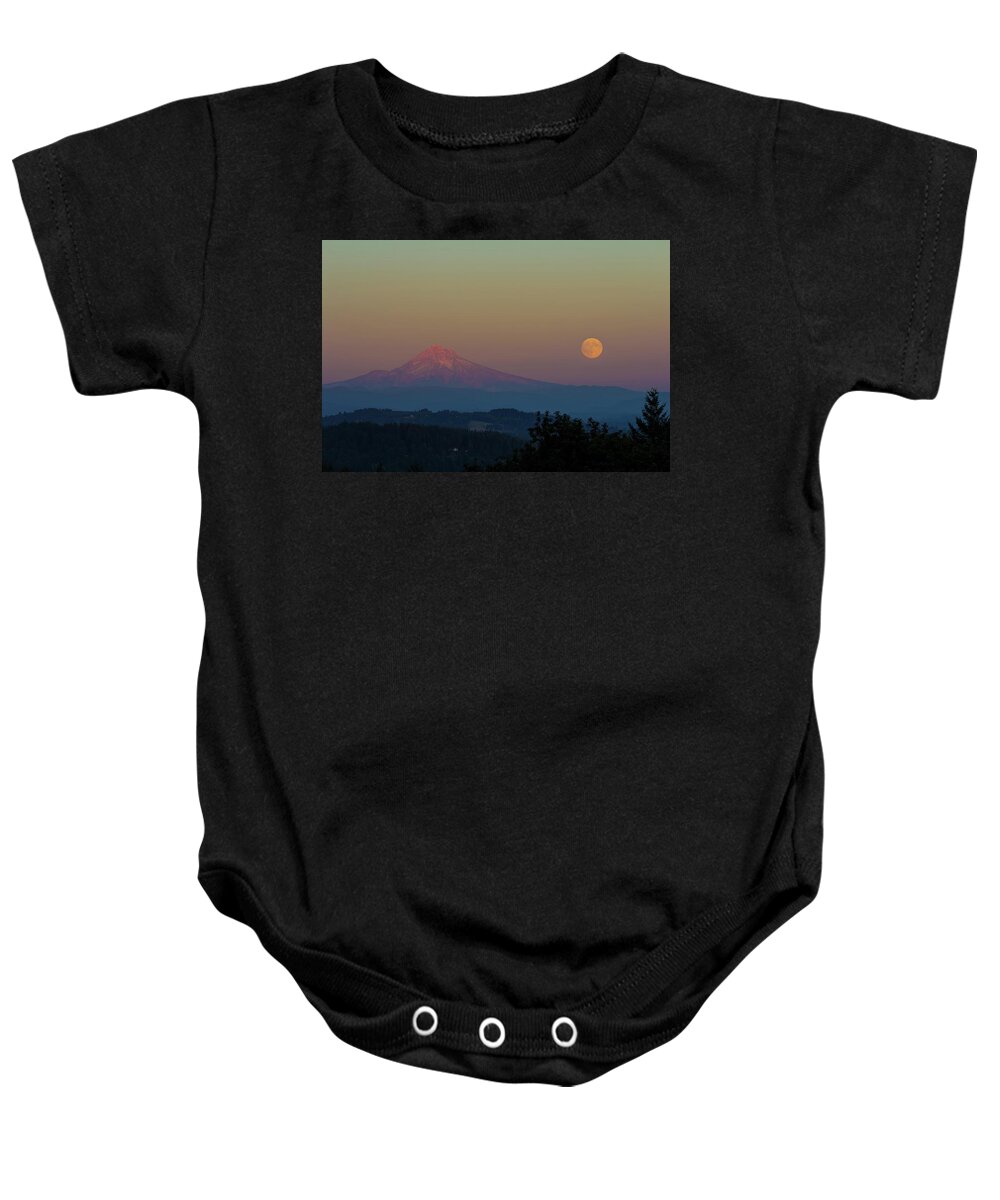 Harvest Moon Baby Onesie featuring the photograph Harvest Moon Rising over Mount Hood after Sunset by David Gn