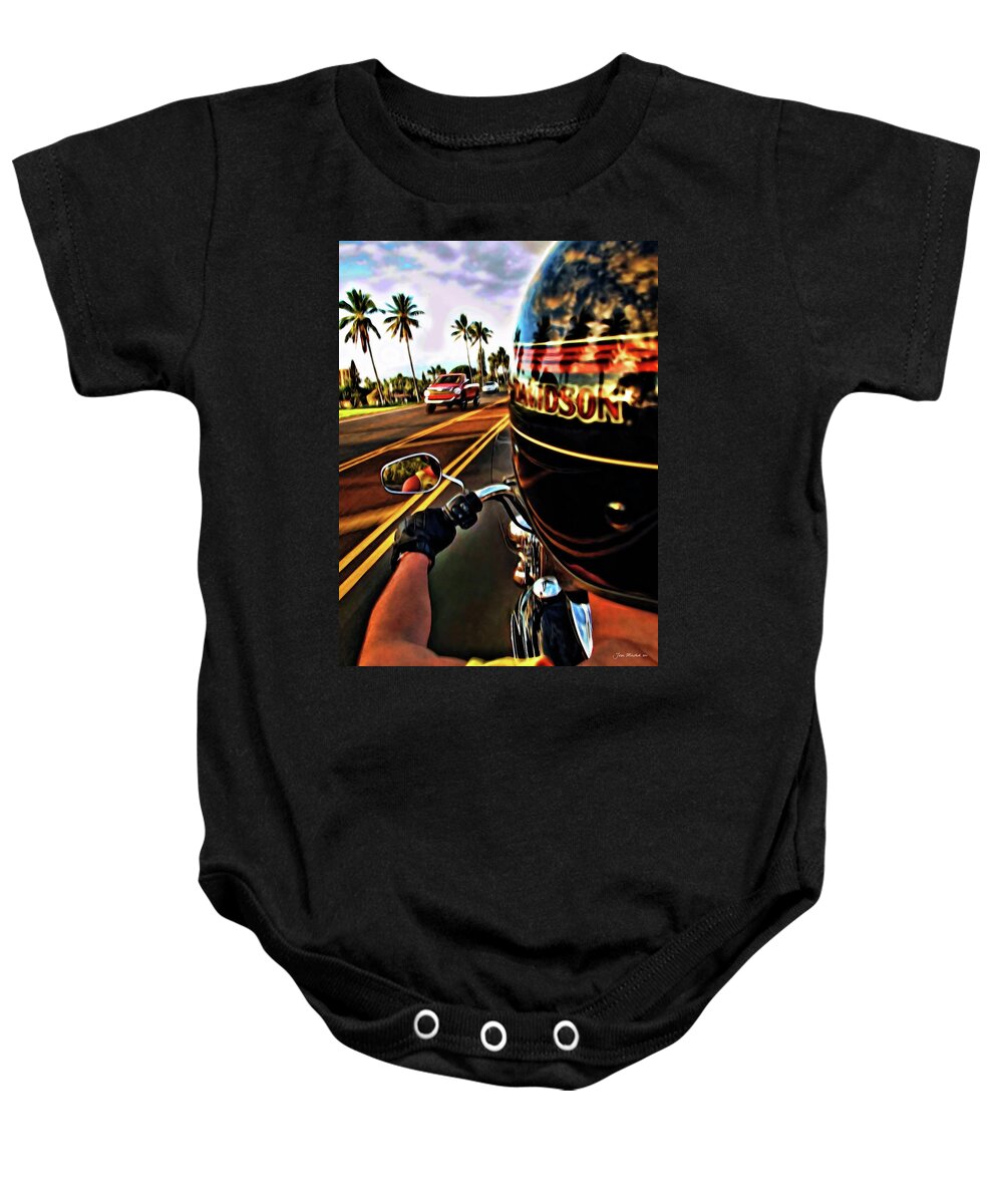 Bike Baby Onesie featuring the Heading Out On Harley by Joan Minchak