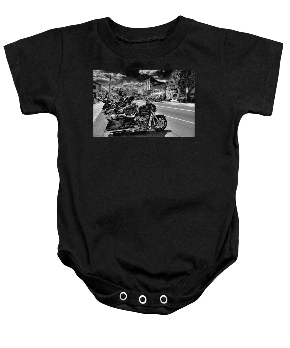 Hogs On Main Street Baby Onesie featuring the photograph Hogs on Main Street by David Patterson