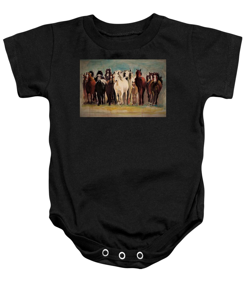 Horse Baby Onesie featuring the painting Horses and horses by Khalid Saeed