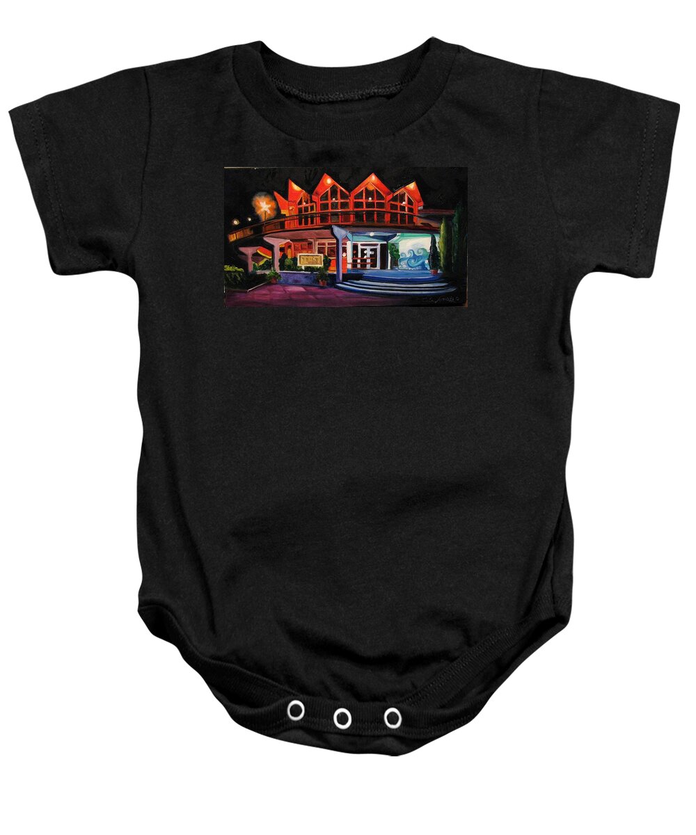 Asbury Art Baby Onesie featuring the painting Howard Johnsons at Night by Patricia Arroyo