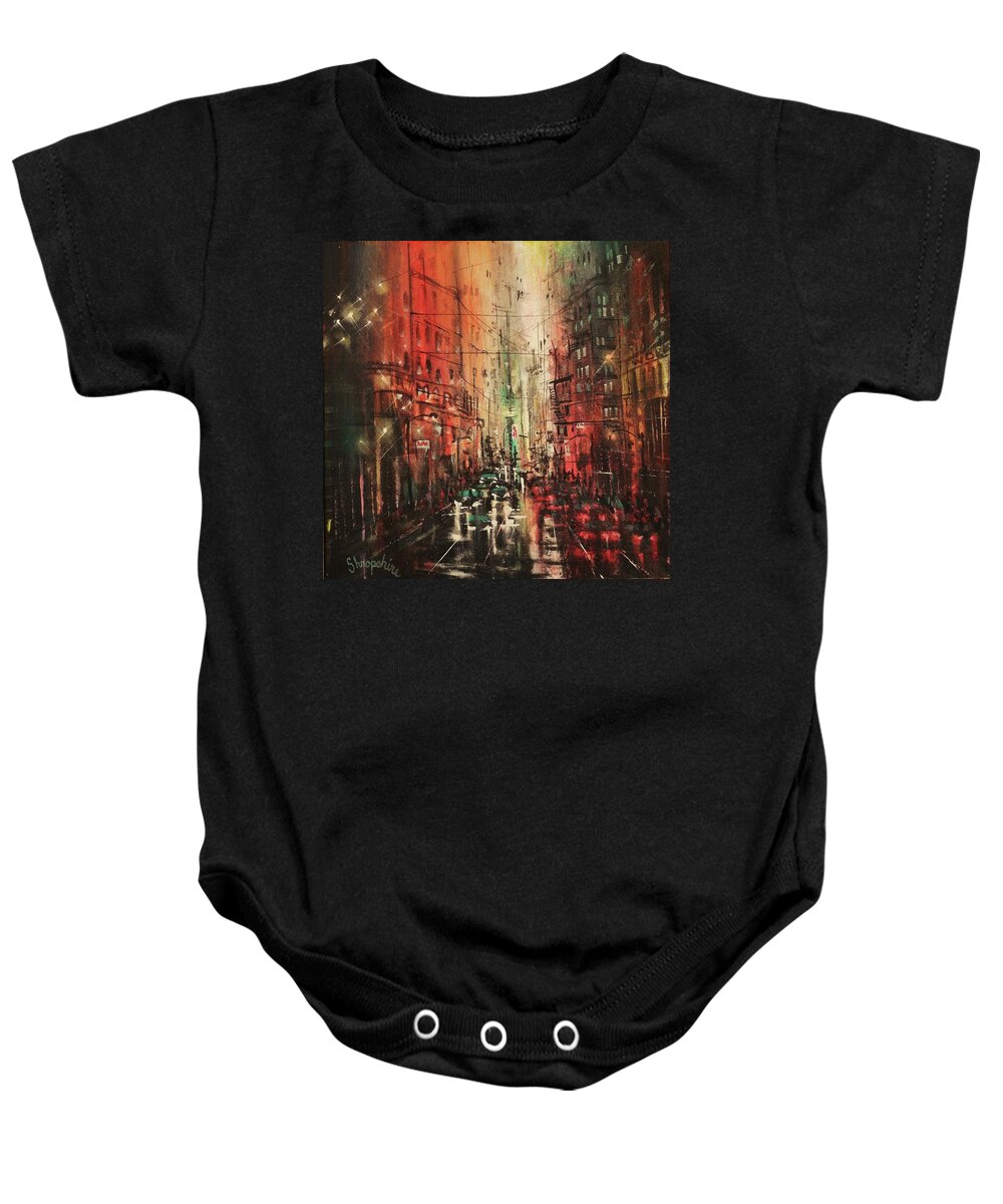 Night City Paintings Baby Onesie featuring the painting In the City Again by Tom Shropshire