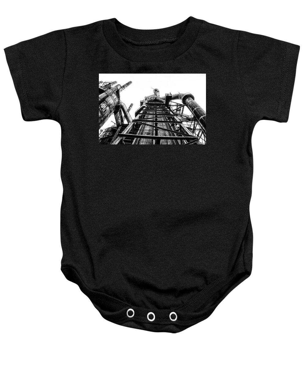 Industrial Baby Onesie featuring the photograph Industrial Age - Bethlehem Steel in Black and White by Bill Cannon