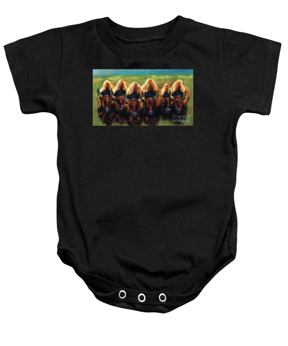 Bison Baby Onesie featuring the painting Its All Bull by Frances Marino