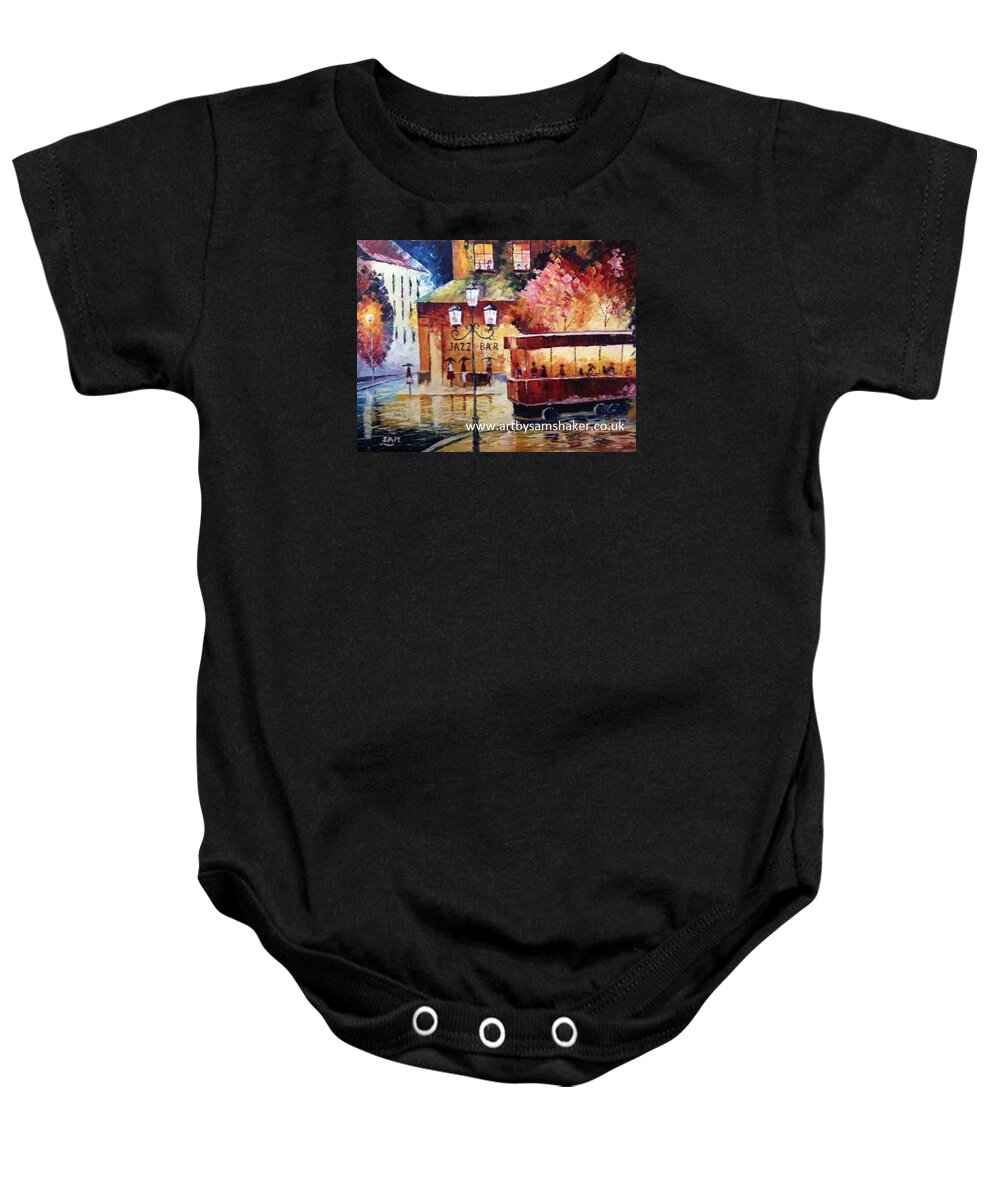 Jazz Baby Onesie featuring the painting Jazz bar on a rainy night in Amsterdam by Sam Shaker