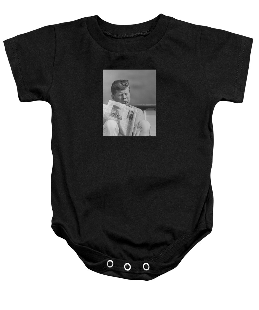 Jfk Baby Onesie featuring the photograph JFK Relaxing Outside by War Is Hell Store
