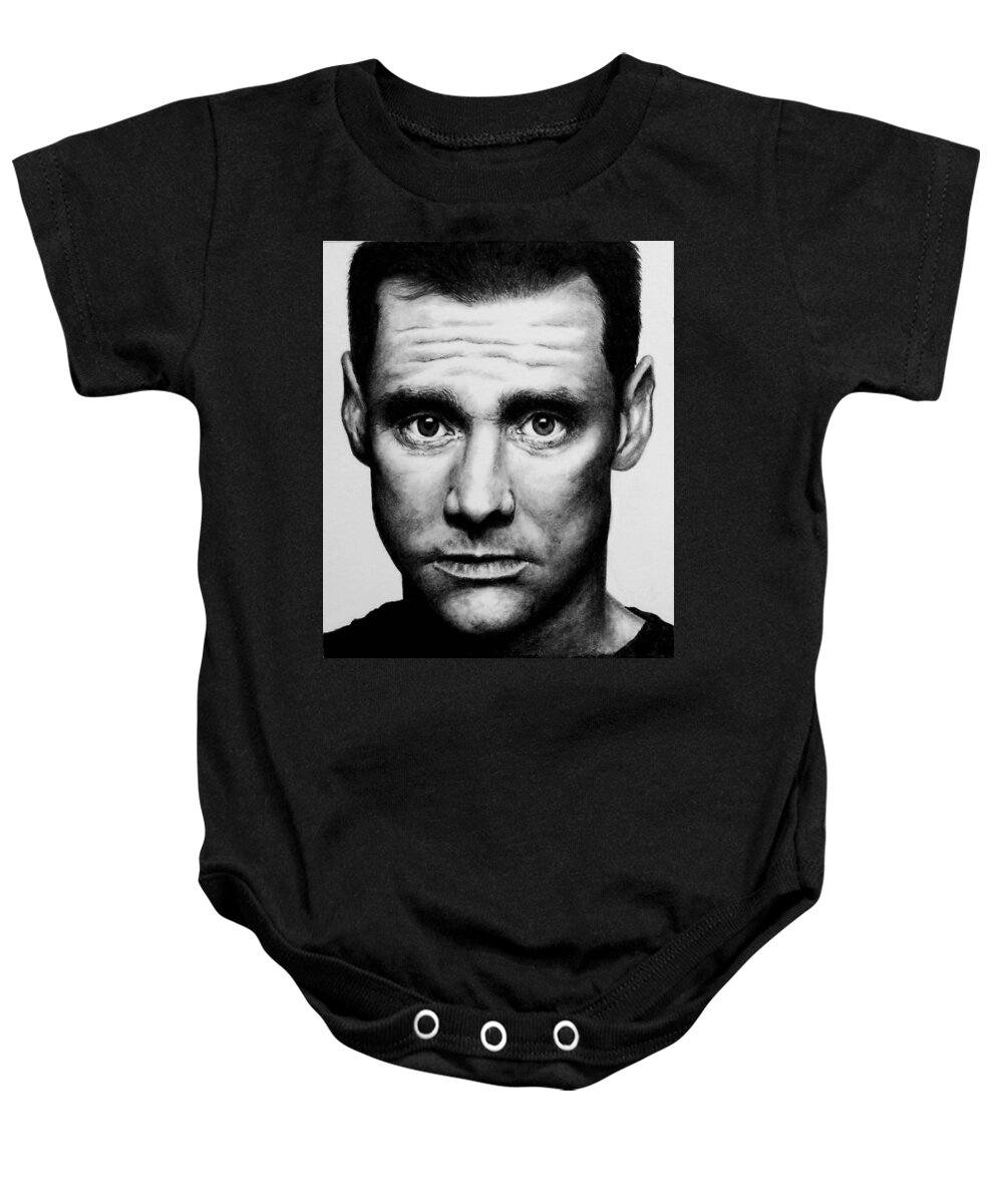Jim Carrey Baby Onesie featuring the drawing Jim Carrey by Rick Fortson