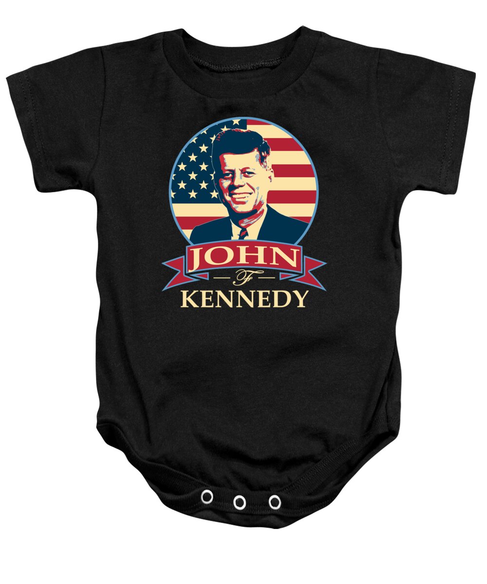 Jfk Baby Onesie featuring the digital art John F Kennedy American Banner Pop Art by Megan Miller