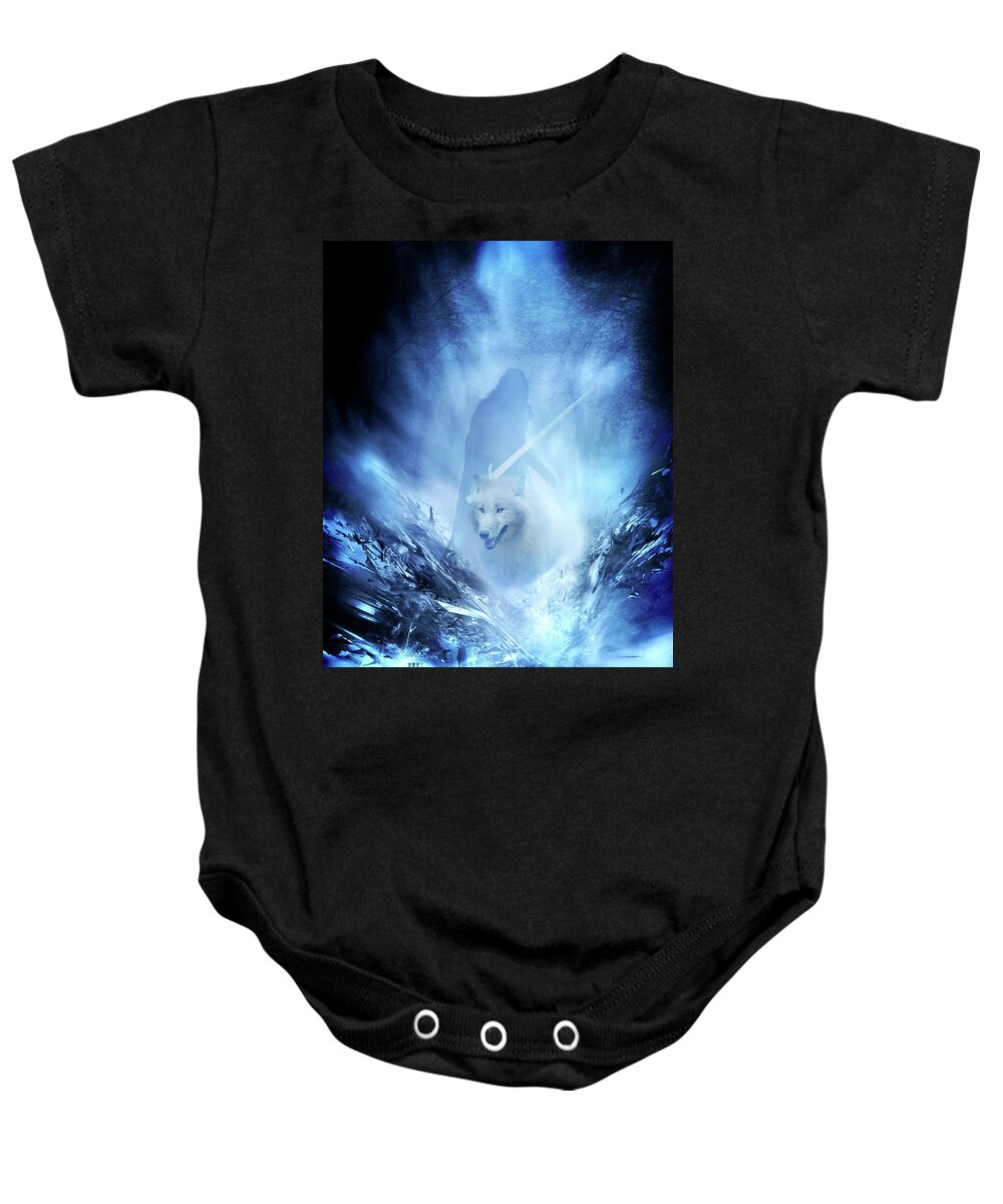 Jon Snow And Ghost Baby Onesie featuring the digital art Jon Snow and Ghost - Game of Thrones by Lilia D