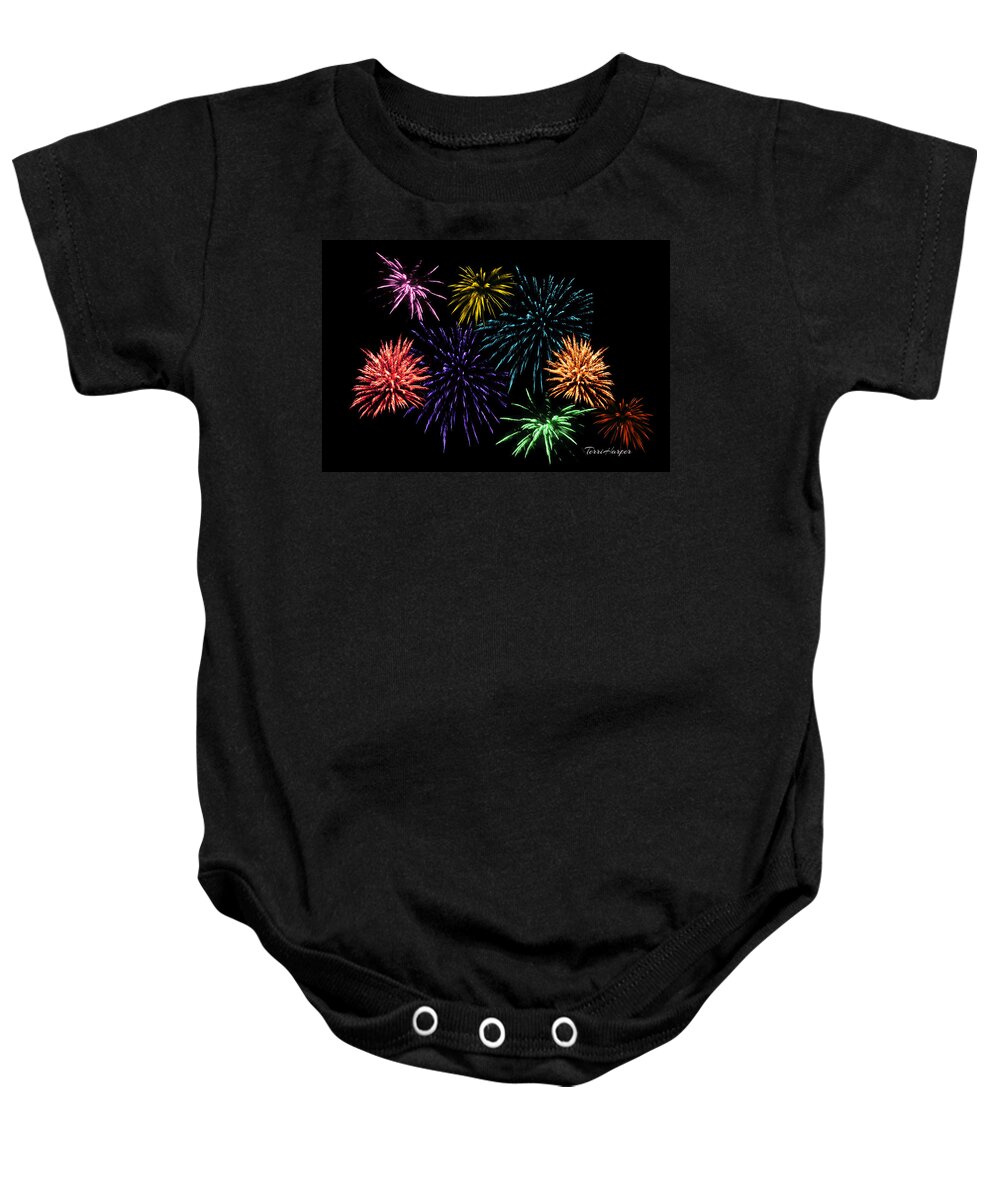 Fireworks Baby Onesie featuring the photograph July Fireworks Montage by Terri Harper
