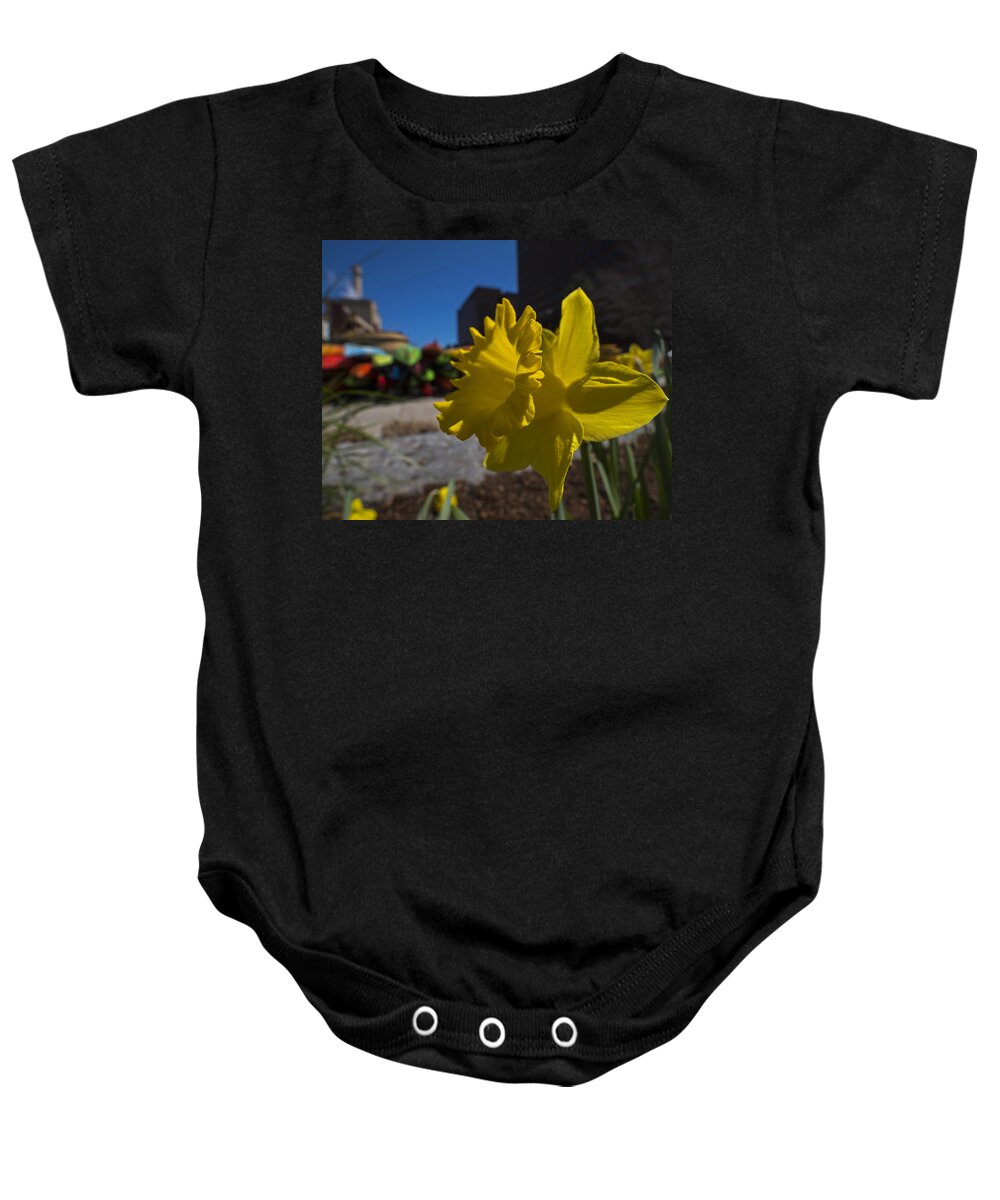 Kayak Baby Onesie featuring the photograph Kayak Launch Daffodil Cambridge MA by Toby McGuire