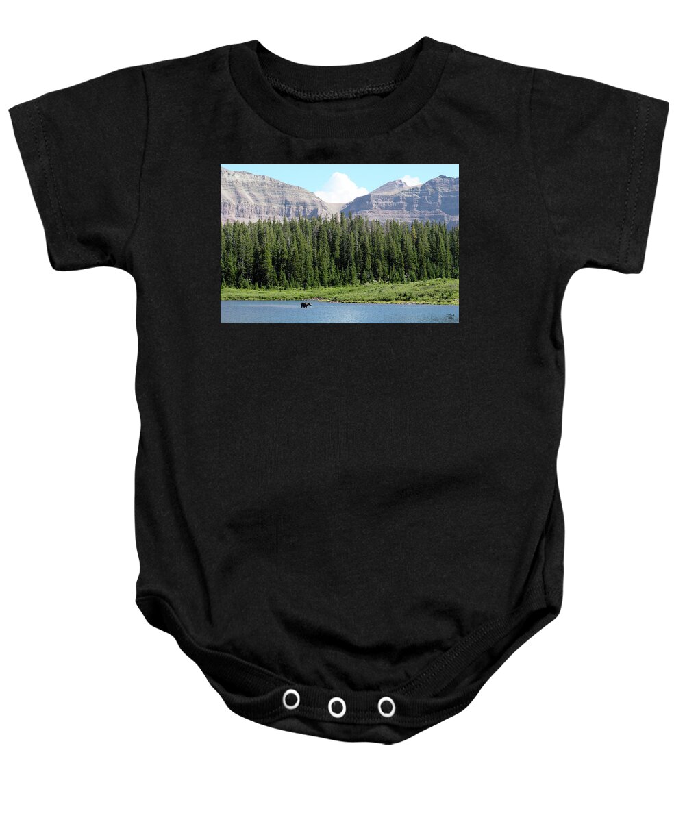 Utah Baby Onesie featuring the photograph Kings Peak, Henrys Fork Lake and Moose by Brett Pelletier
