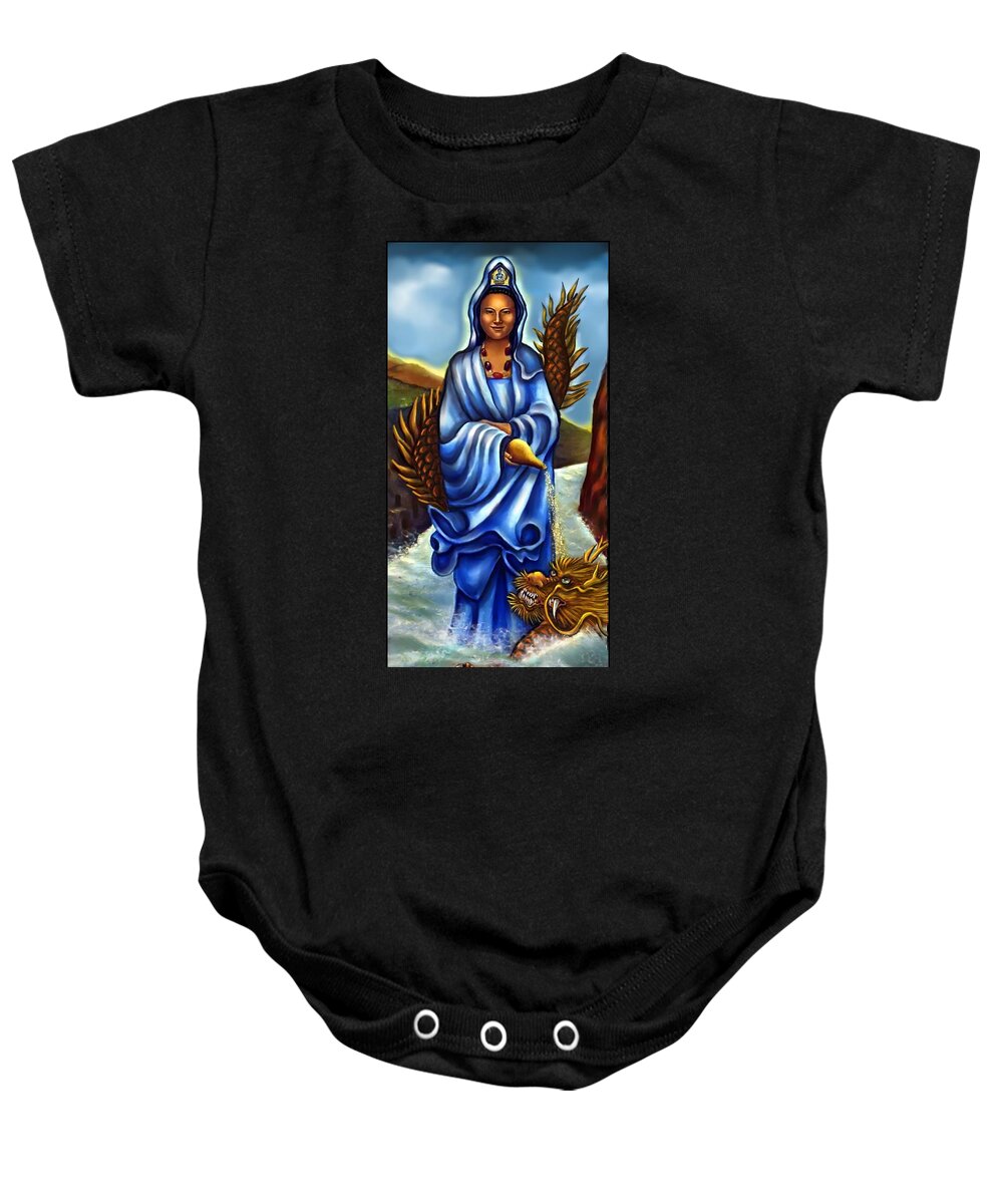 Kuan Yin Baby Onesie featuring the painting Kuan Yin -Goddess Of Mercy and Compassion by Carmen Cordova