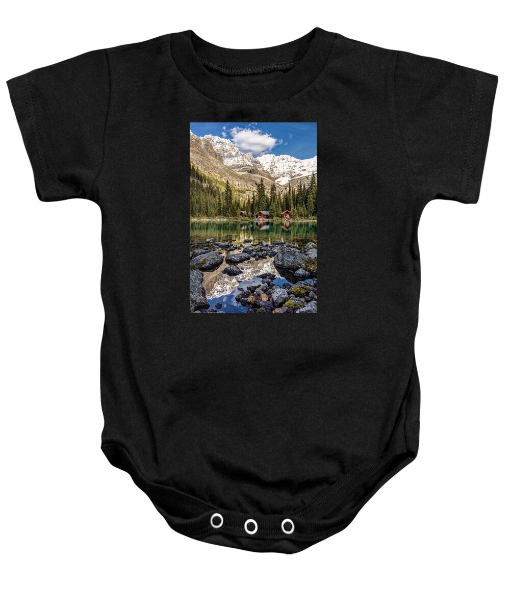 Lake O'hara Baby Onesie featuring the photograph Lake O'Hara Lodge by Pierre Leclerc Photography