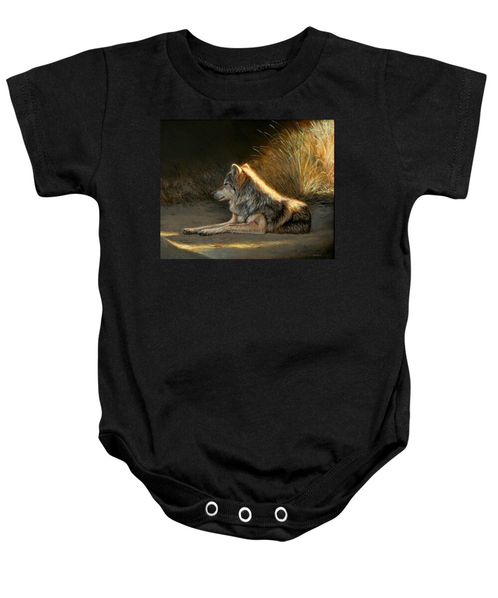 Oil Baby Onesie featuring the painting Last Light - Wolf by Linda Merchant