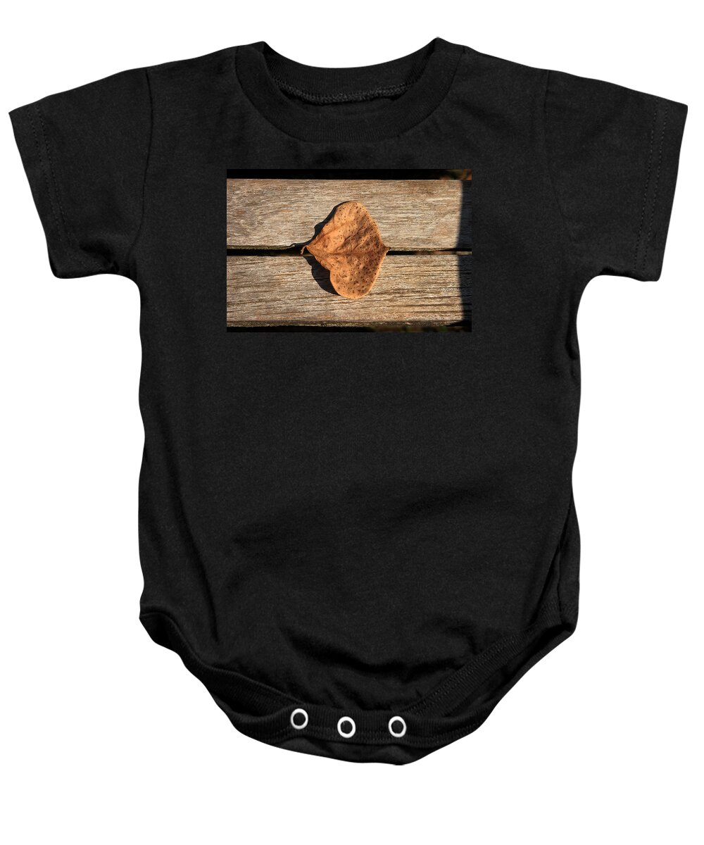 Leaf On Wooden Plank Baby Onesie featuring the photograph Leaf On Wooden Plank by Viktor Savchenko