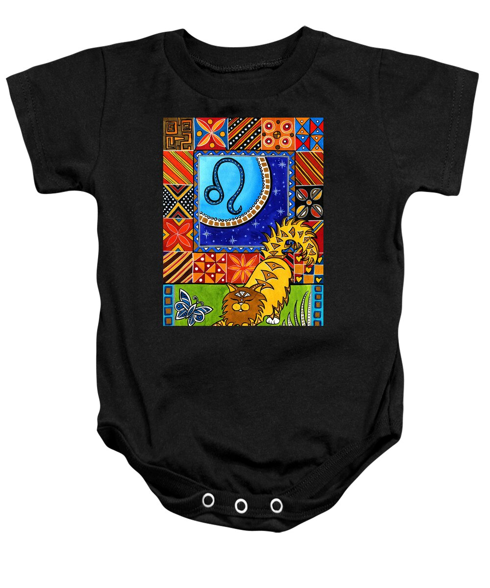 Cat Baby Onesie featuring the painting Leo Cat Zodiac by Dora Hathazi Mendes