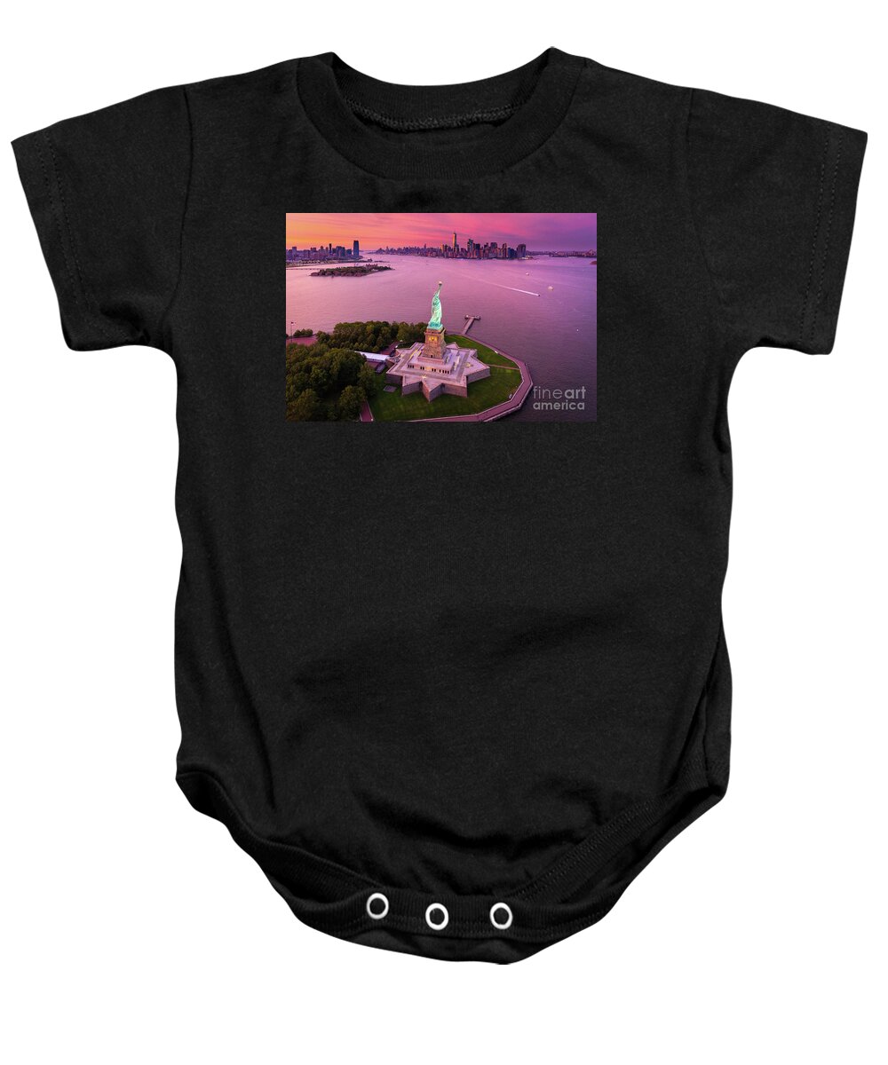 America Baby Onesie featuring the photograph Liberty Island Twilight by Inge Johnsson