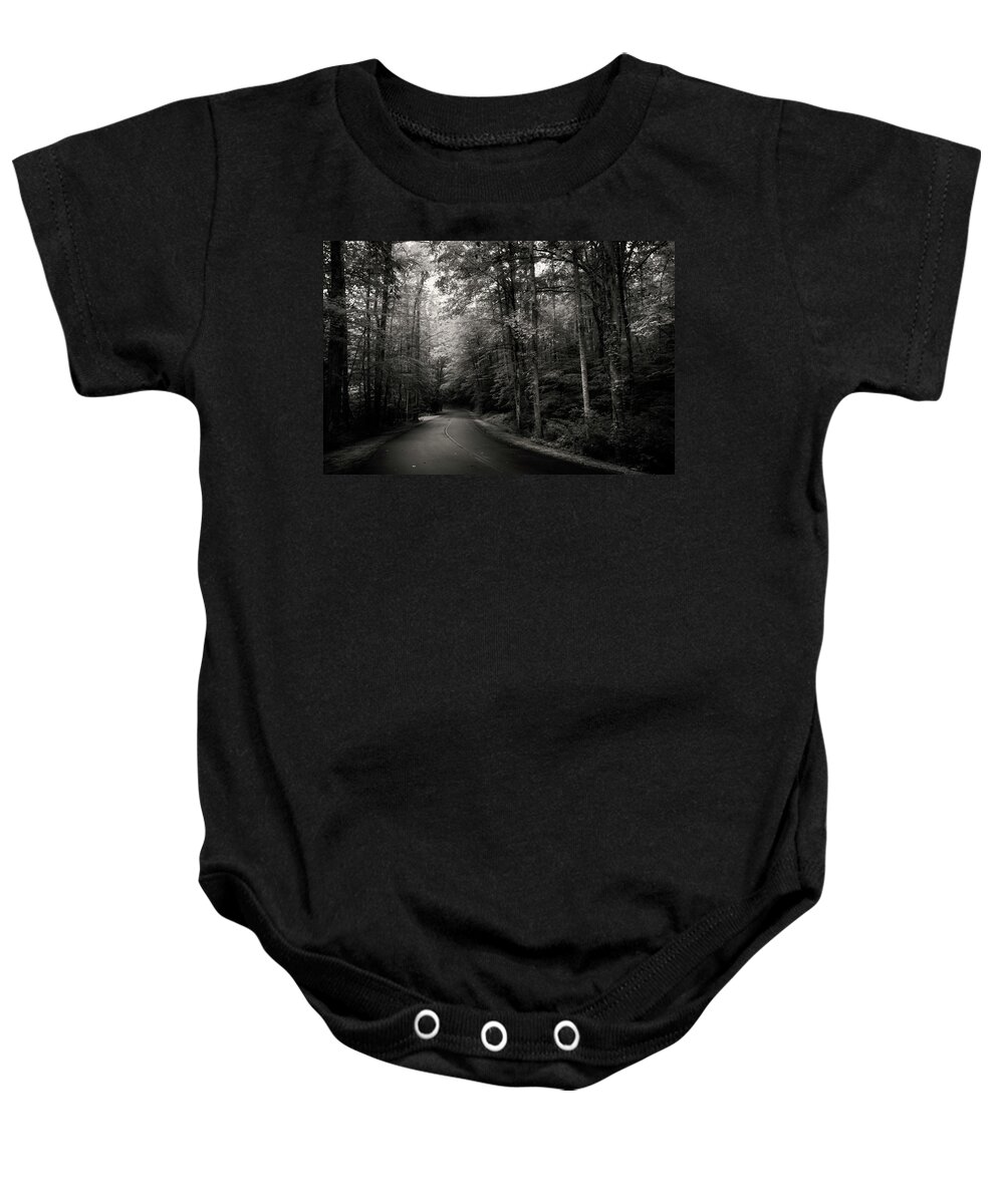 Paved Road Baby Onesie featuring the photograph Light And Shadow On A Mountain Road In Black And White by Greg and Chrystal Mimbs