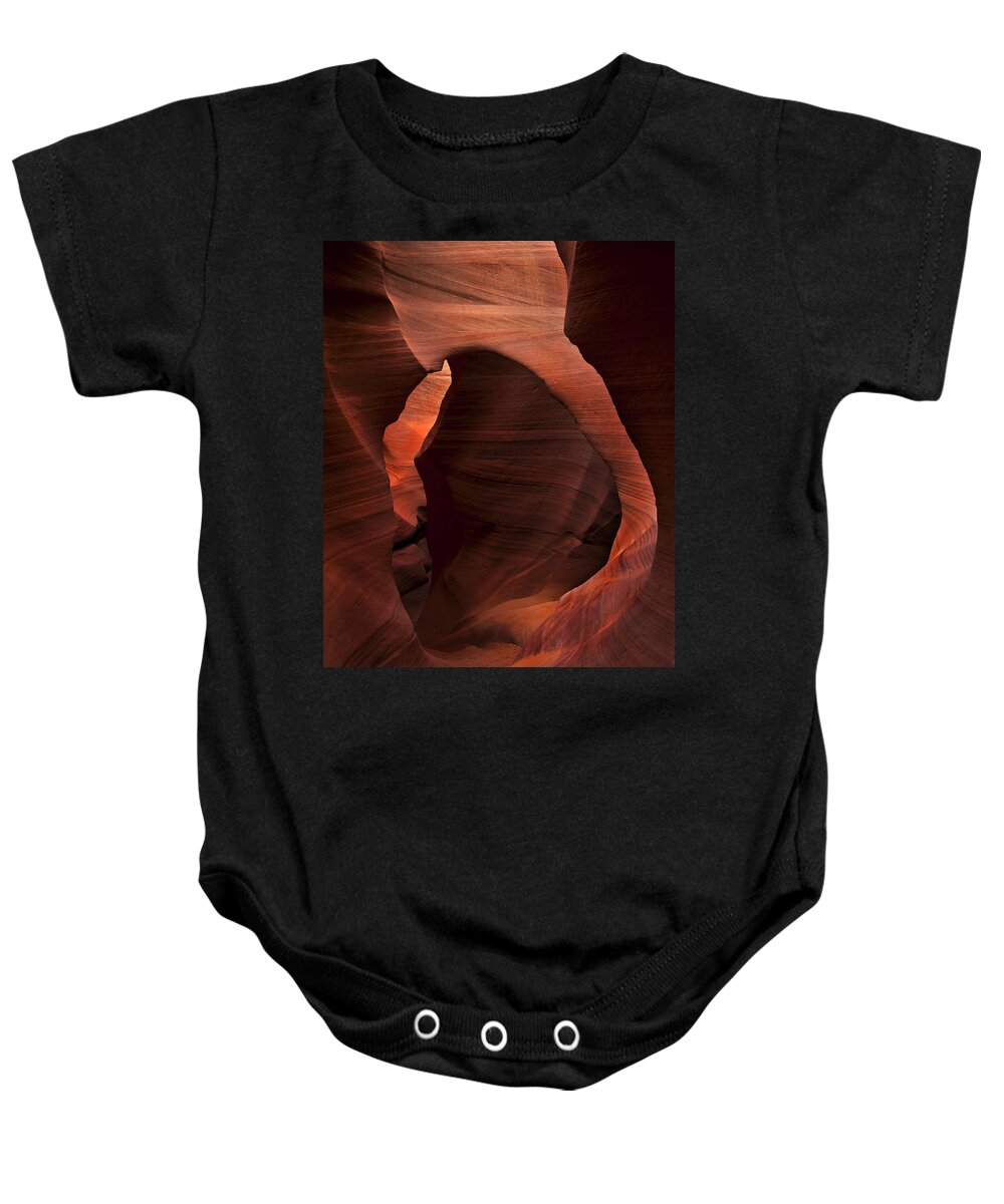 Antelope Canyon Baby Onesie featuring the photograph Light at tne End of the Tunnel by Michael Dawson