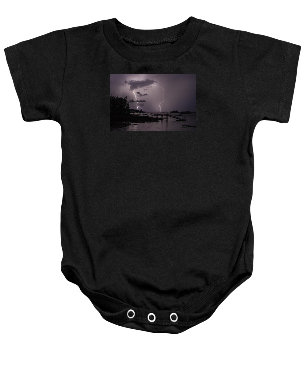 Lightning Baby Onesie featuring the photograph Lightning over Boothbay Harbor by Colin Chase