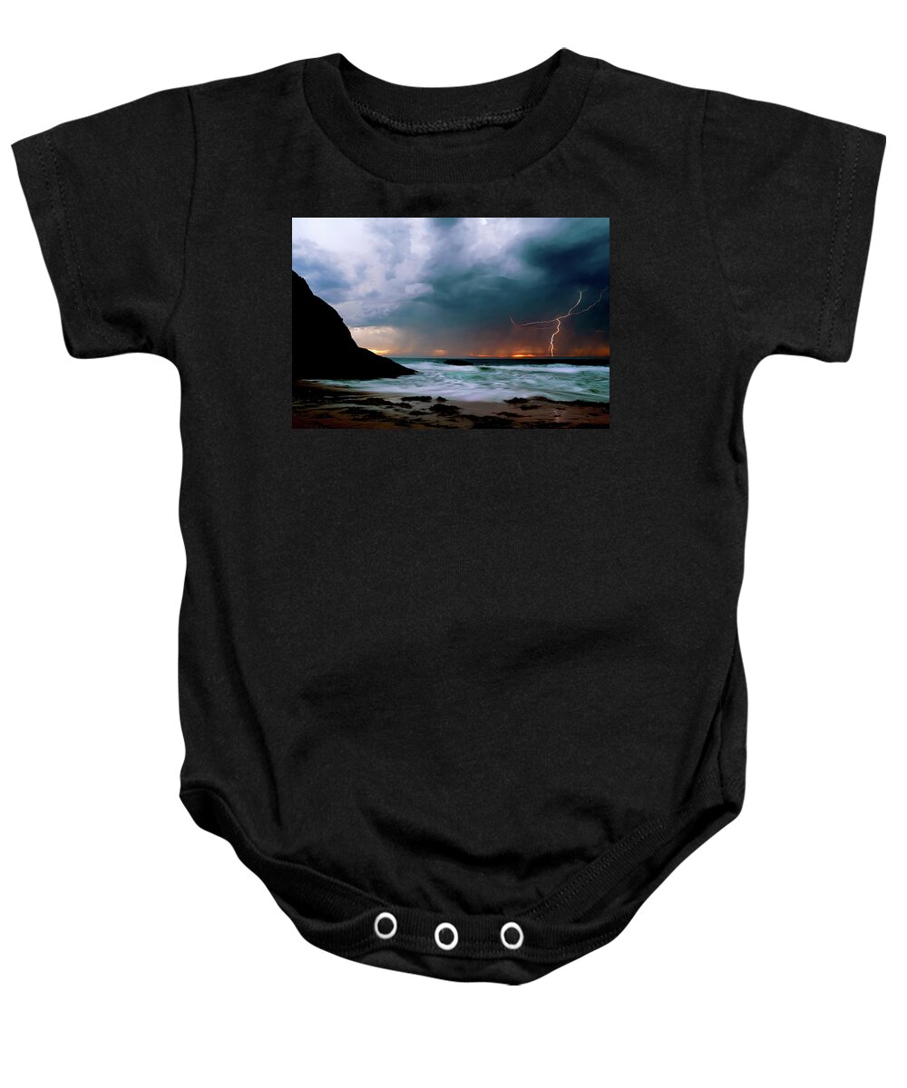 Lightning Baby Onesie featuring the photograph Lightning strike off Dana Point California by Cliff Wassmann