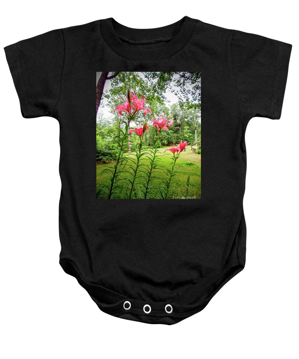 Lillies Baby Onesie featuring the photograph Lilies in the pink by Mim White