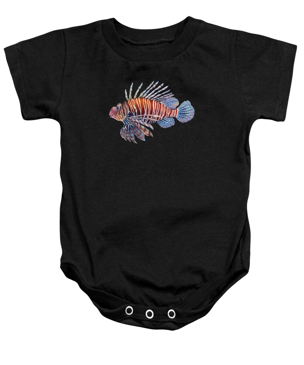 Lionfish Baby Onesie featuring the painting Lionfish on Black by Hailey E Herrera