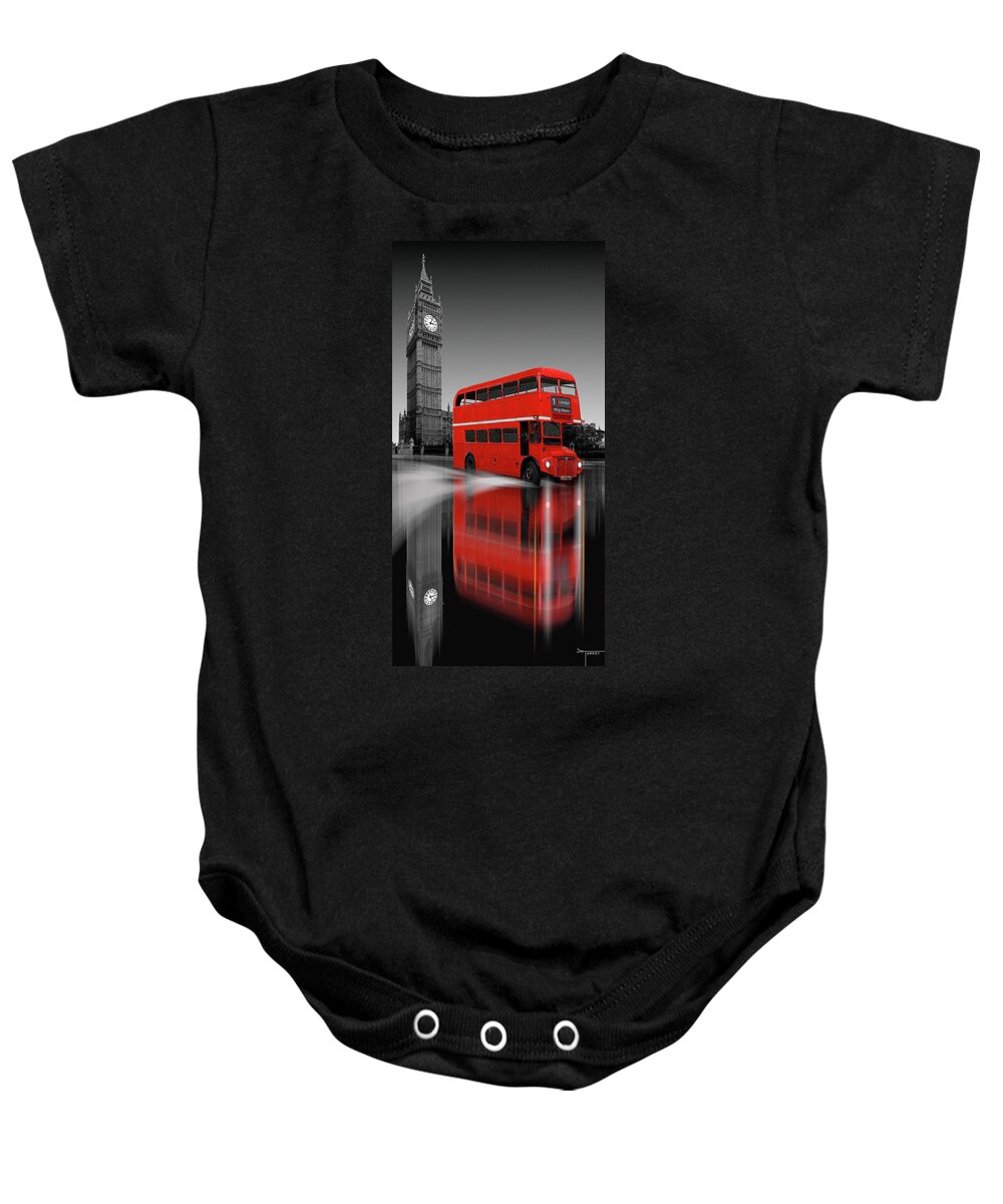 Red Bus Baby Onesie featuring the digital art London Red Bus Big Ben Reflection by Joe Tamassy