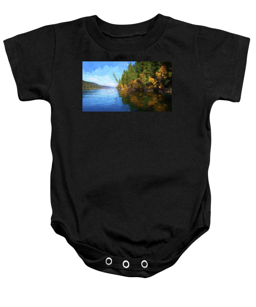 Photopainting Baby Onesie featuring the photograph Loon Lake Autumn Oil Painting by Allan Van Gasbeck